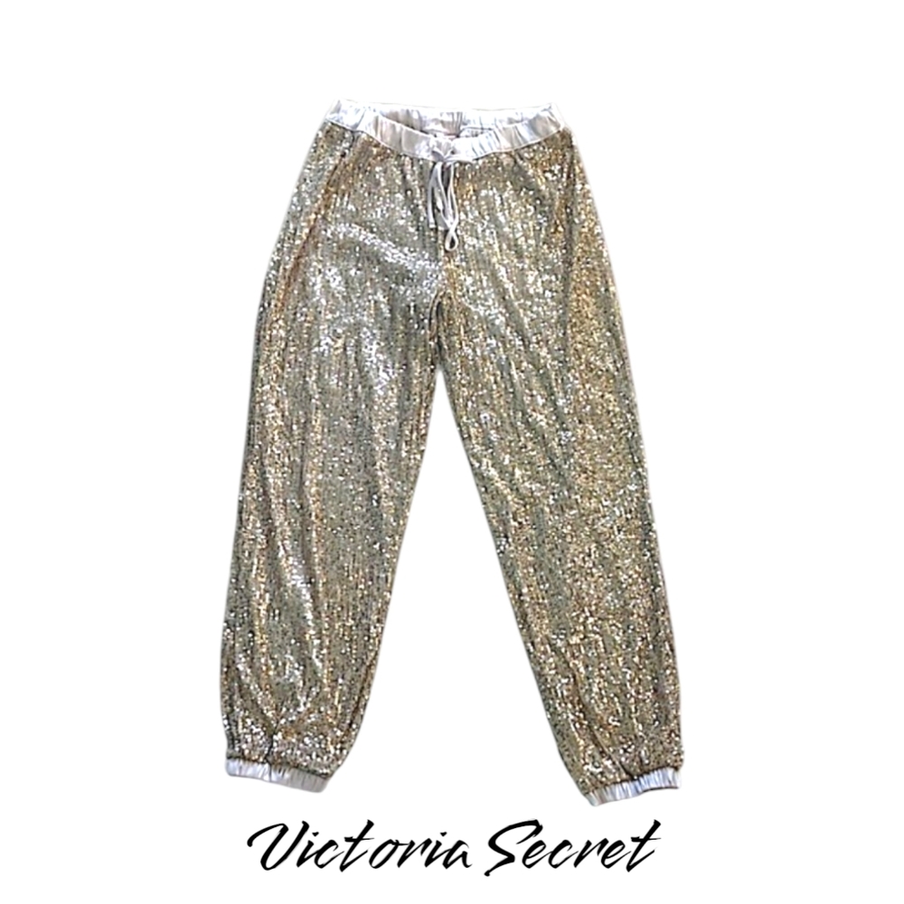 XS Victoria's Secret Lounge Jogger Pants Drawstring Lined Shiny Sequin Gold